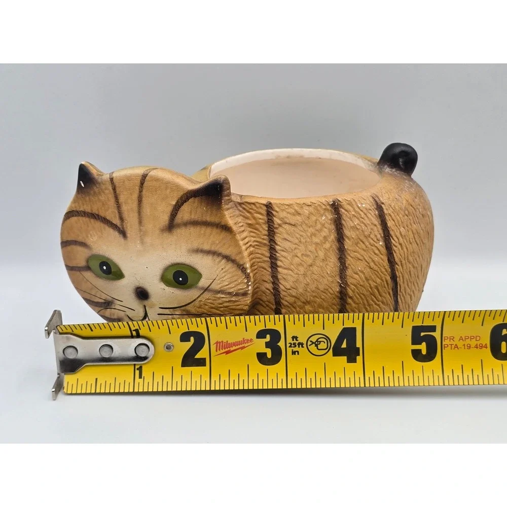 Cute Cat Planter Ceramic Brown Tabby Whiskers Green Eyes Tail Pot Home Decor‎